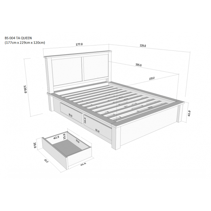 Sweden Teak 4 Drawer Storage Bed Frame Queen Size Fit Mattress 193 x 153 cm