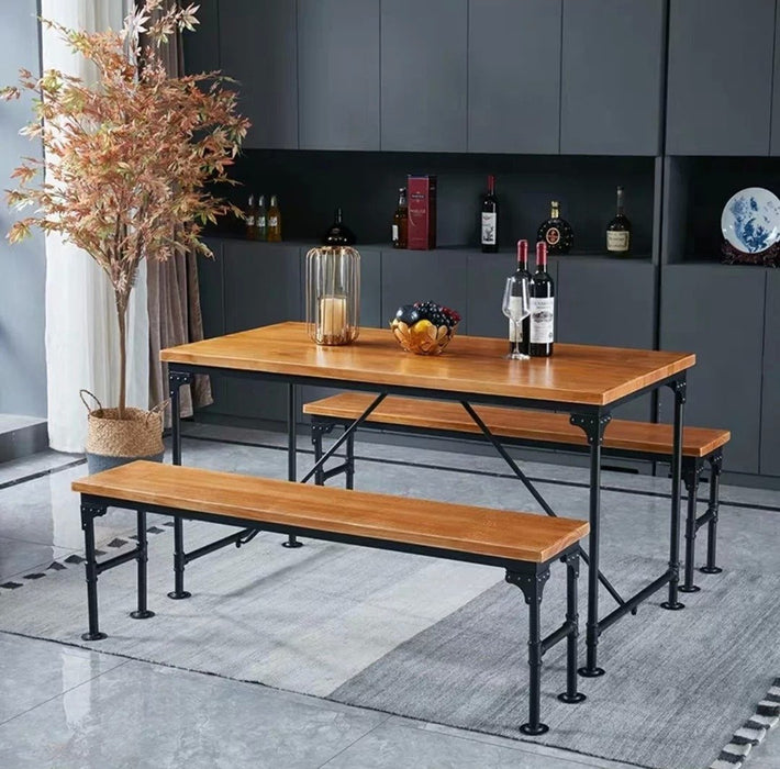 DELILAH Industrial Solid Wood Dining Table & Bench
